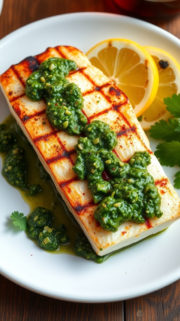Grilled sea bass garnished with cilantro chimichurri sauce and lemon on a wooden table.